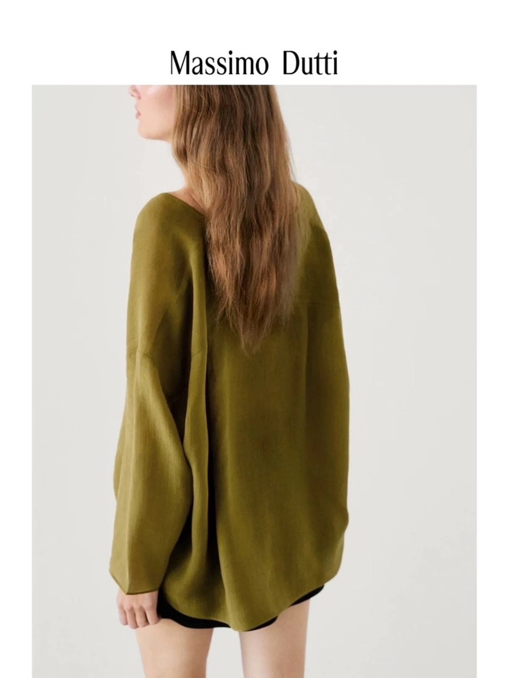 Massimo Dutti Olive Green Ramie Lyocell Lightweight V-Neck Button Blouse size S